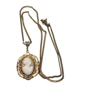 Fancy Y Drop Cameo Pendant Necklace Vintage Gold Plated Authentic Handcarved 22"
